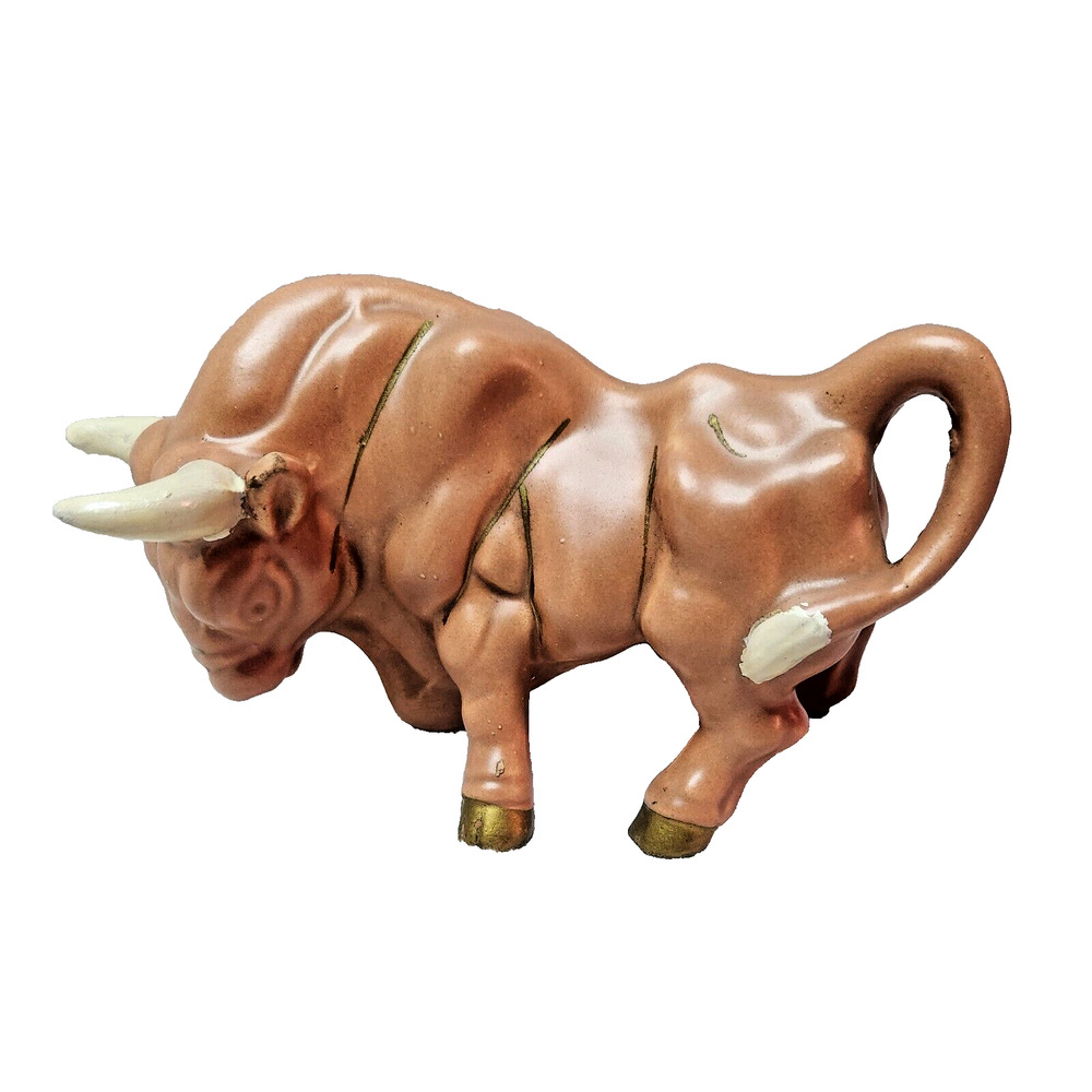 Vintage Ceramic Bull Cow Figurine Statue Brown with Gold Hooves
